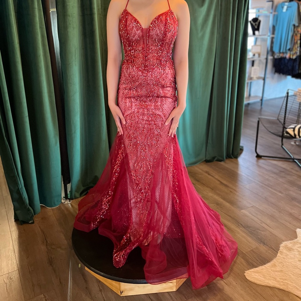 Ladivine Boutique Prom Dress - Sz 8 - Red Beaded Mermaid Evening Dress